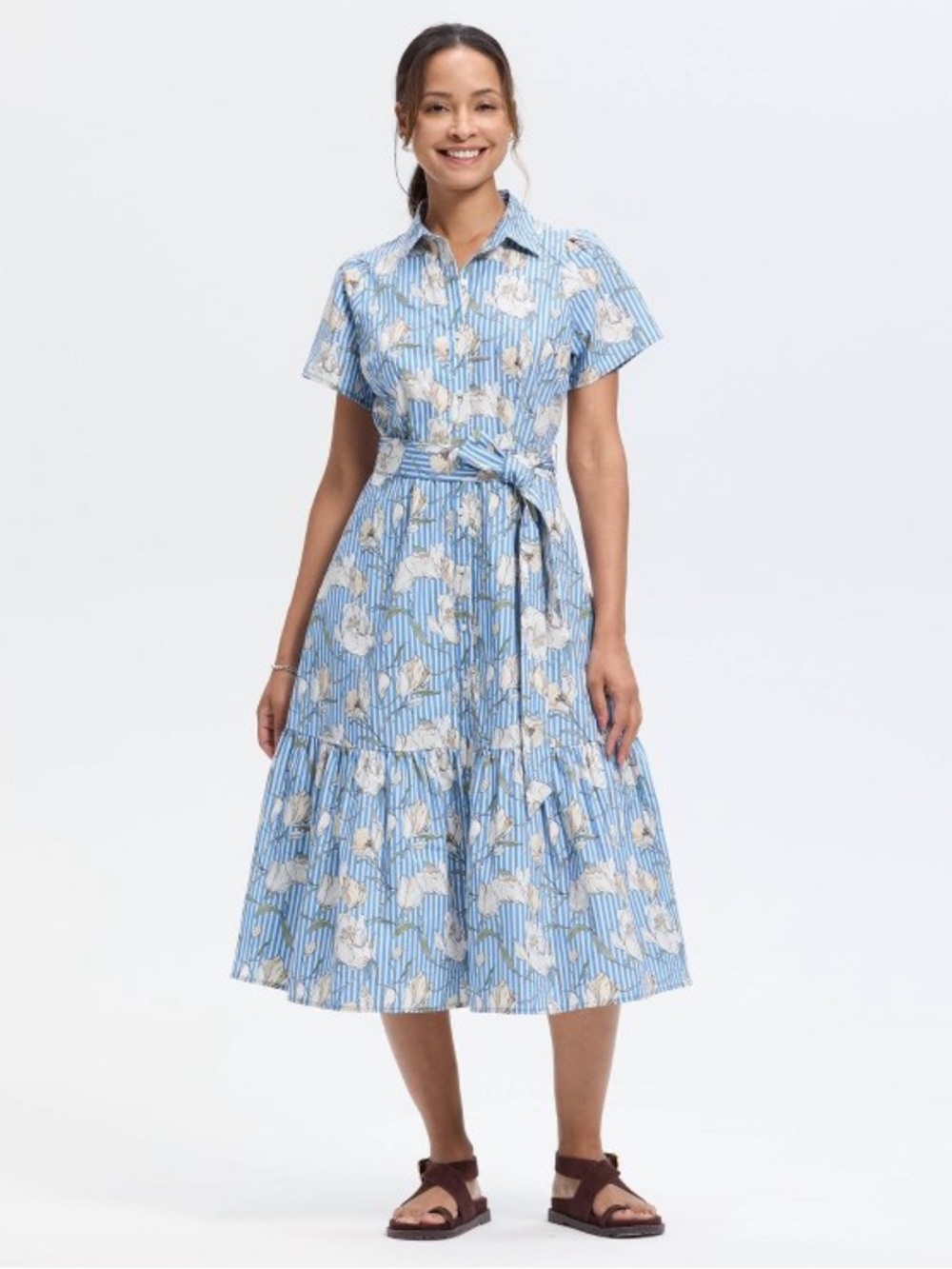 Universal Thread Blue Floral Tie-Waist Button Down Midi Shirt Dress Sz XS NWT